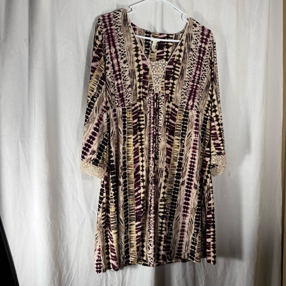 Soma Tunic Dress Size L Crochet Lace Trim Empire Waist Adjustable Tie Waist Soft